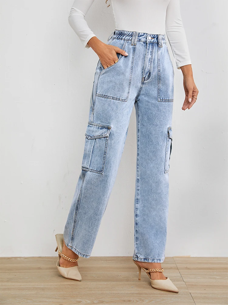 Denimcolab 여성용 루즈한 데민 청바지, 하이웨이스트 멀티 포켓 와이드 레그 데님 바지, 여성용 스트리트웨어, 코튼 솔리드 청바지, 패션