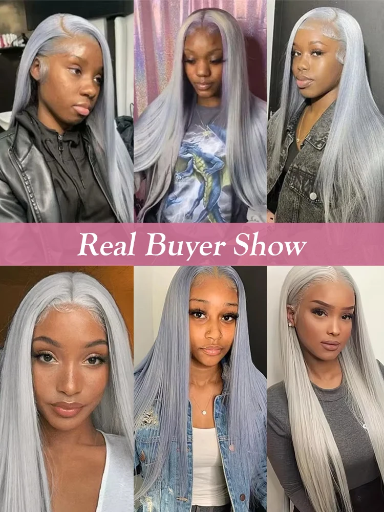 40 42 Inch Silver Grey Colored Bone Straight Lace Front Human Hair Wigs Silky Hair HD Transparent 13x6 13x4 Lace Frontal Wigs For Women Brazilian Real Virgin Hair Wigs Pre Plucked 250% Density High Quality 5