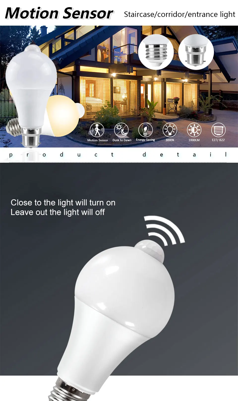 Description Picture 3 of itemMotion Sensor LED Light 220V 110V E27 B22 12W 15W 18W LED Lamp Auto Smart Infrared LED Bulb Energy Saving Bombillas Home Porch