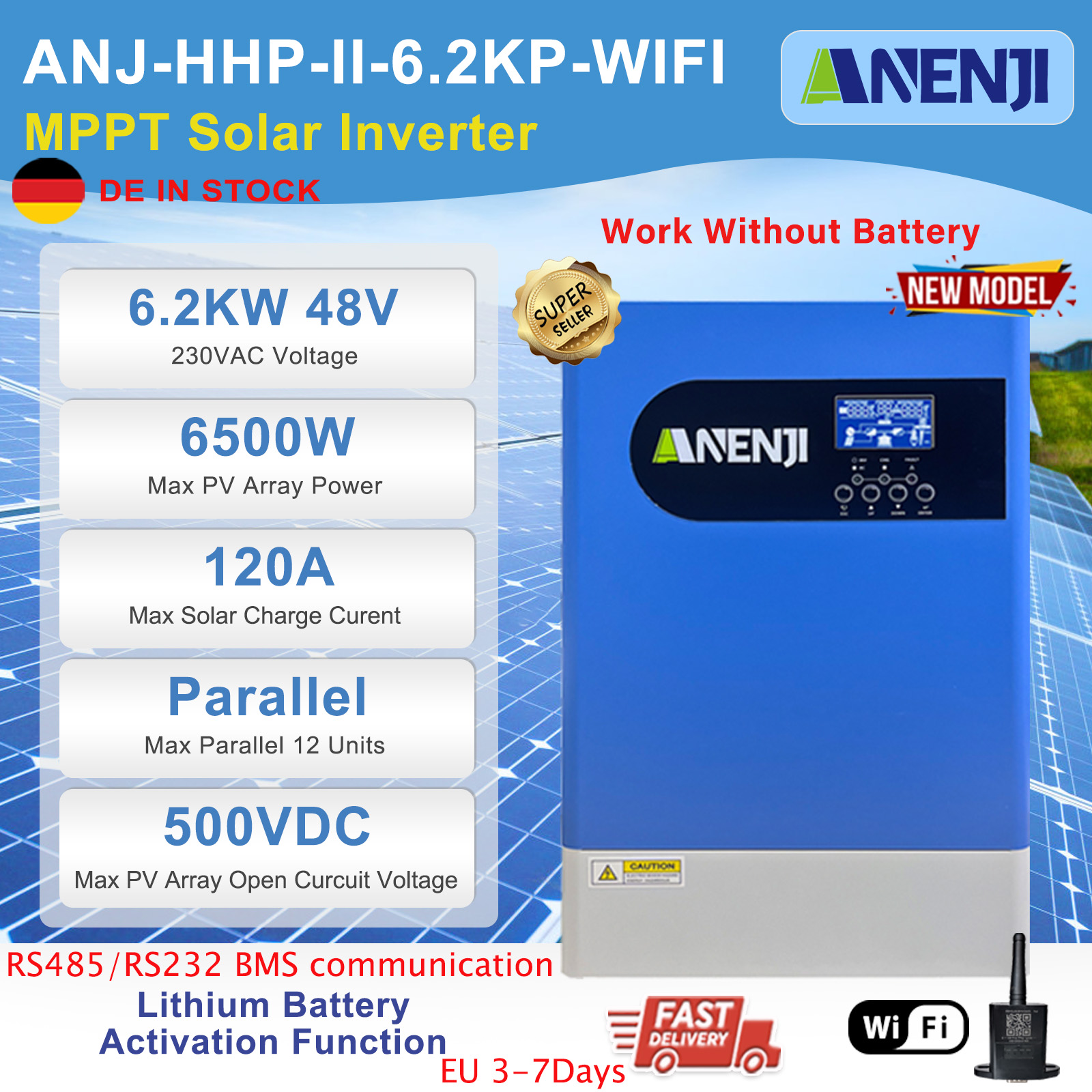  6.2KW Parallel Hybrid Solar Inverter 48V Pure Sine Off Grid Tie 230V MPPT Solar Inverter 120A Charge Controller PV 60-500V Wifi 
