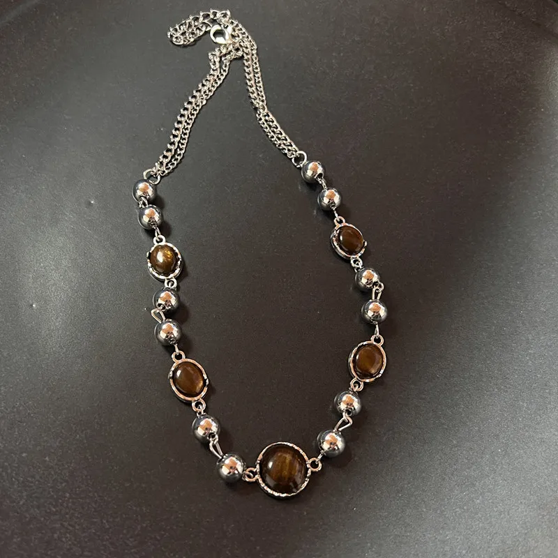 Vintage Leather Brown Stone Pendant Necklace