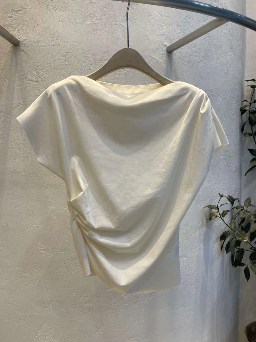 

Folded Slash Neck Short Sleeve Top Korean Simple Casual Tees 2023 Summer New Solid Color Temperament FashionT-shirts