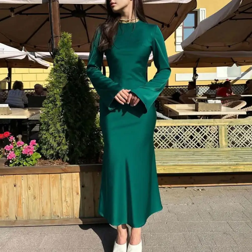 

Women Spring Fall Dress Long Sleeve Solid Color Round Neck Soft Tight Waist Sheath OL Commute Style Slim Fit Ankle Length Maxi D