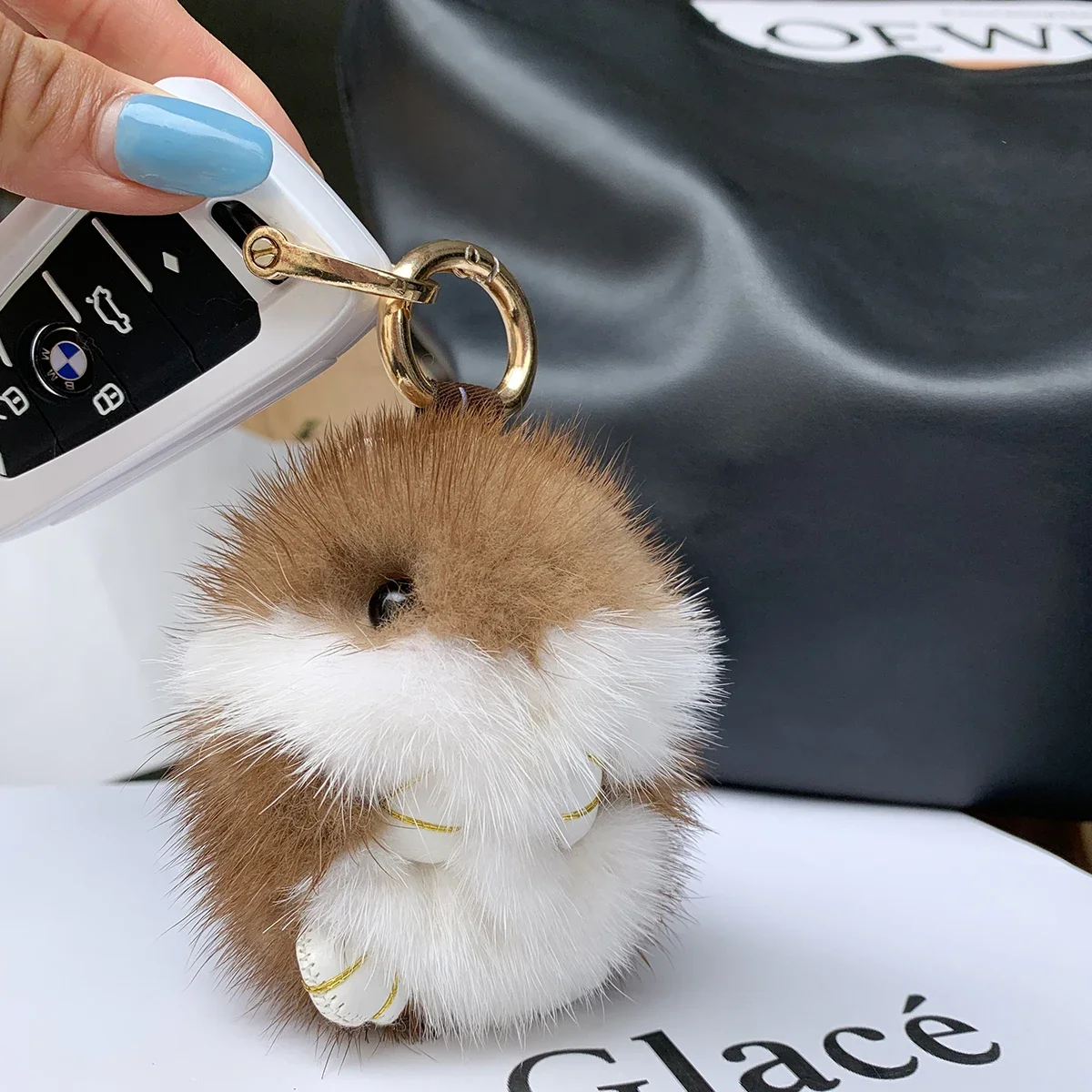 8cm Cute Mini Hamster Pendant Keychain Children Luxury Real Mink Fur Doll Toy Bag Car key Charms Ornament Keyring Trinket Gifts