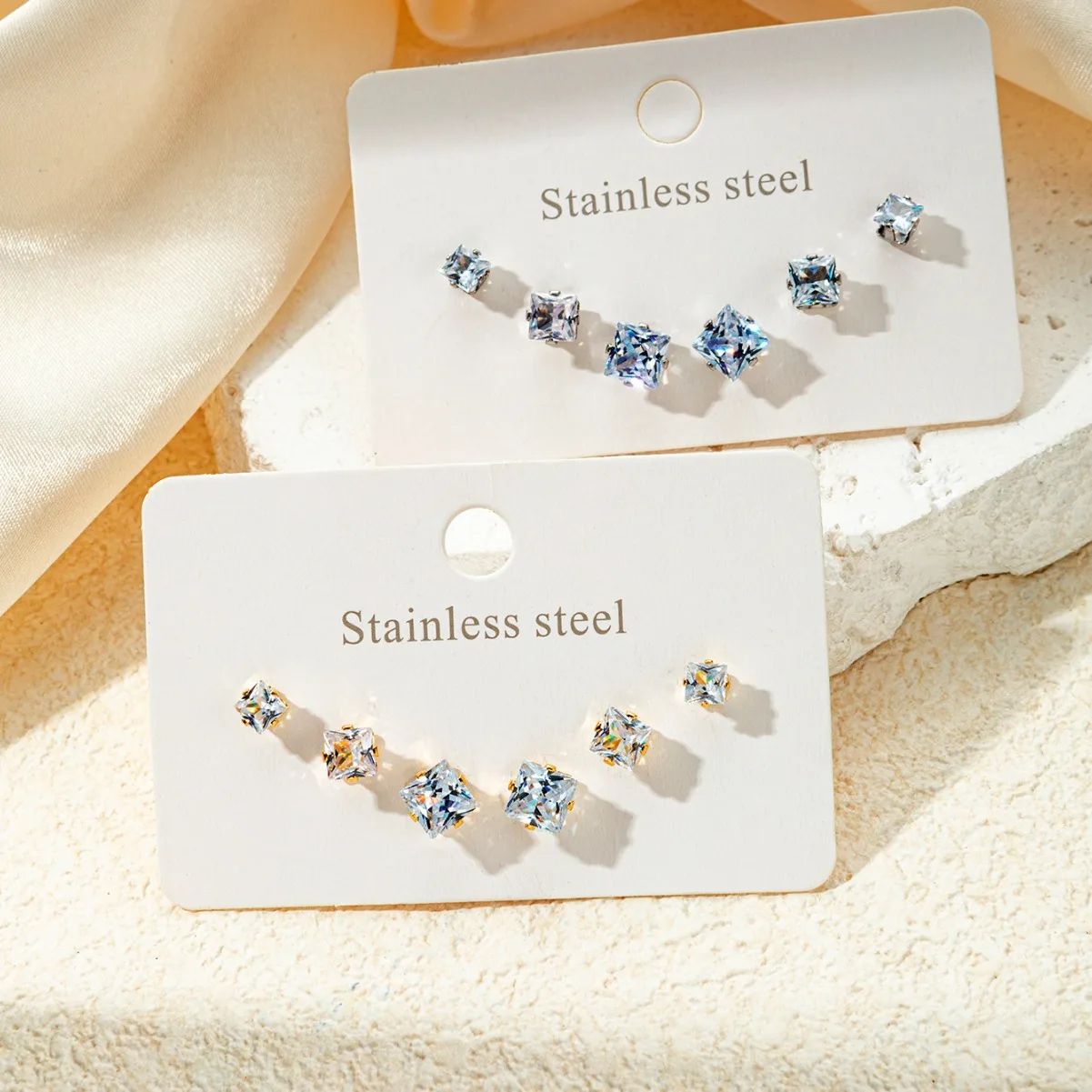 Classic 3 Pairs Square Round Cubic Zircon Stud Earrings Set Crystal Jewelry 3