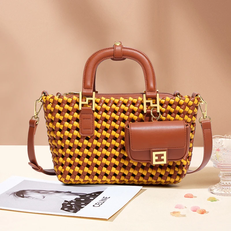 

Pu Windmill Knot Color Block Hand Woven Bag Retro Fashion One Shoulder Crossbody Bag Casual Versatile Three-in-One Handbag