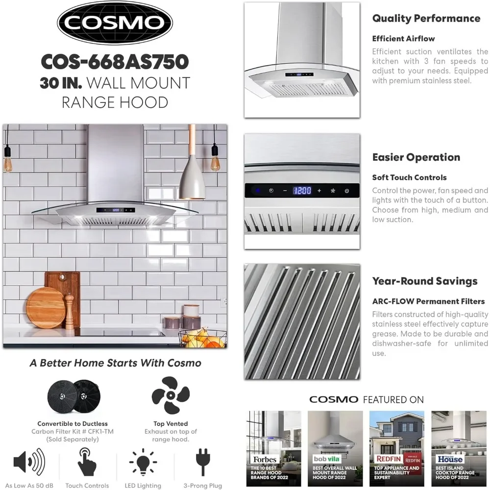 30 in. Wall Mount Range Hood with 380 CFM, Curved Glass, Ducted Convertible Ductless (additional filters needed, not included) 3