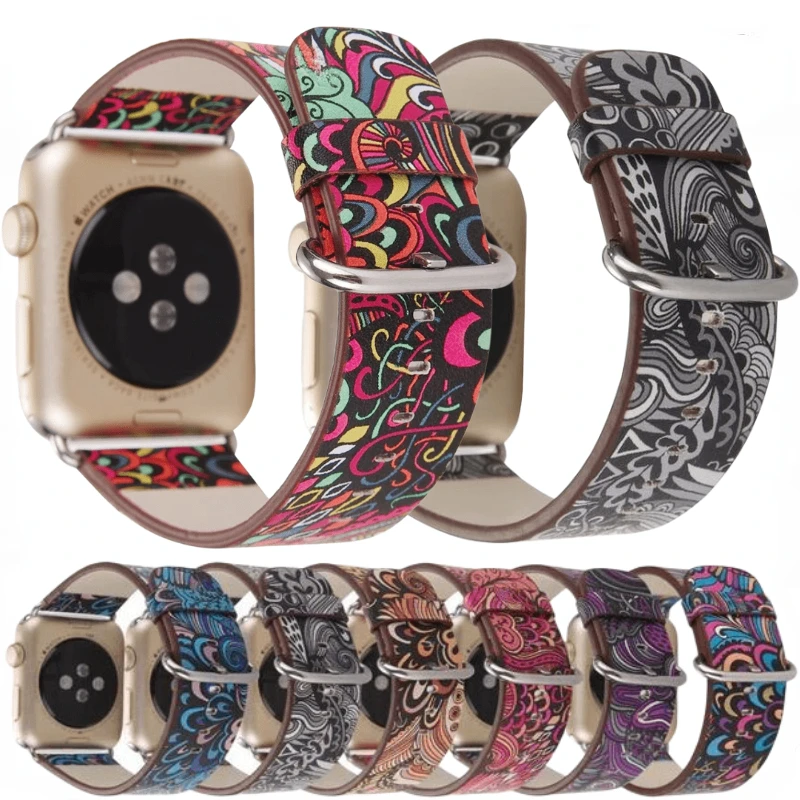 

Genuine Leather Strap For Apple Watch Ultra 8 7 45mm 41mm Flower Print Bracelet Watchband iWatch 6 5 4 3 SE 44mm 40mm 42mm 38mm