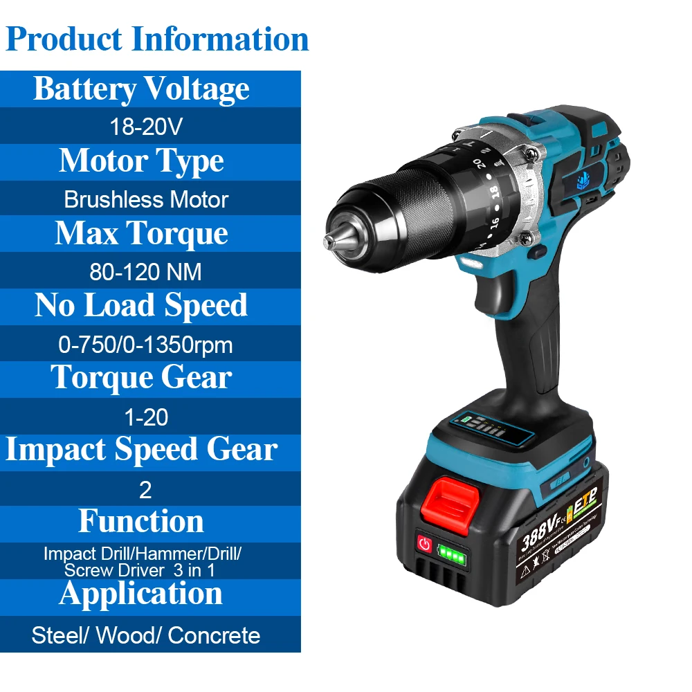 Onevan 20+3 Brushless Electric Drill 120n/m 4000mah Battery Cordless