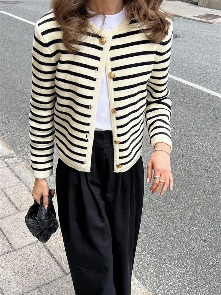 Suéter de punto a rayas, cárdigan, abrigo para mujer, suelto, de manga larga, a la moda, ajustado, con parches en contraste, prendas de vestir exteriores, abrigo de punto de verano
