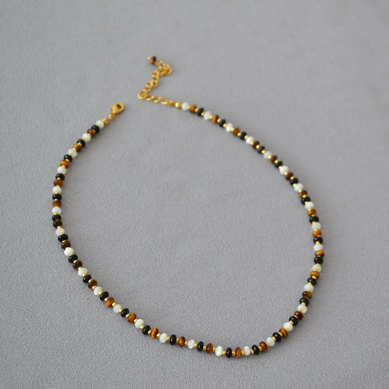 

Black Agate Stone Chocker Tiger Eye Stone Mother Shell Elegant Vintage Style Natural Stone Beaded Necklace