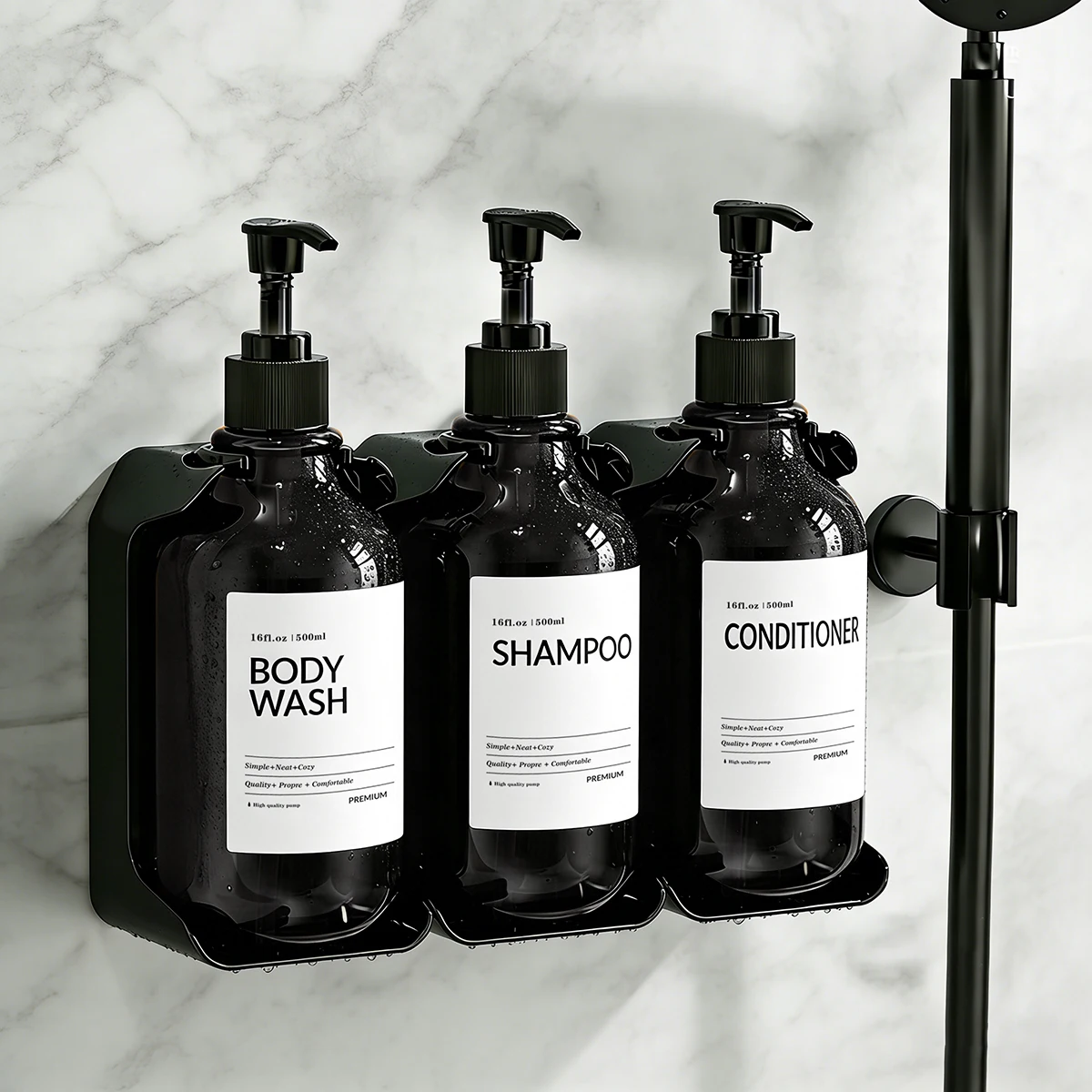 2 or 3 Chamber Shampoo and Conditioner Dispenser Set - No Drill Minimalist Bathroom Organizer, 16oz Refillable Pump Bottles - Image 4