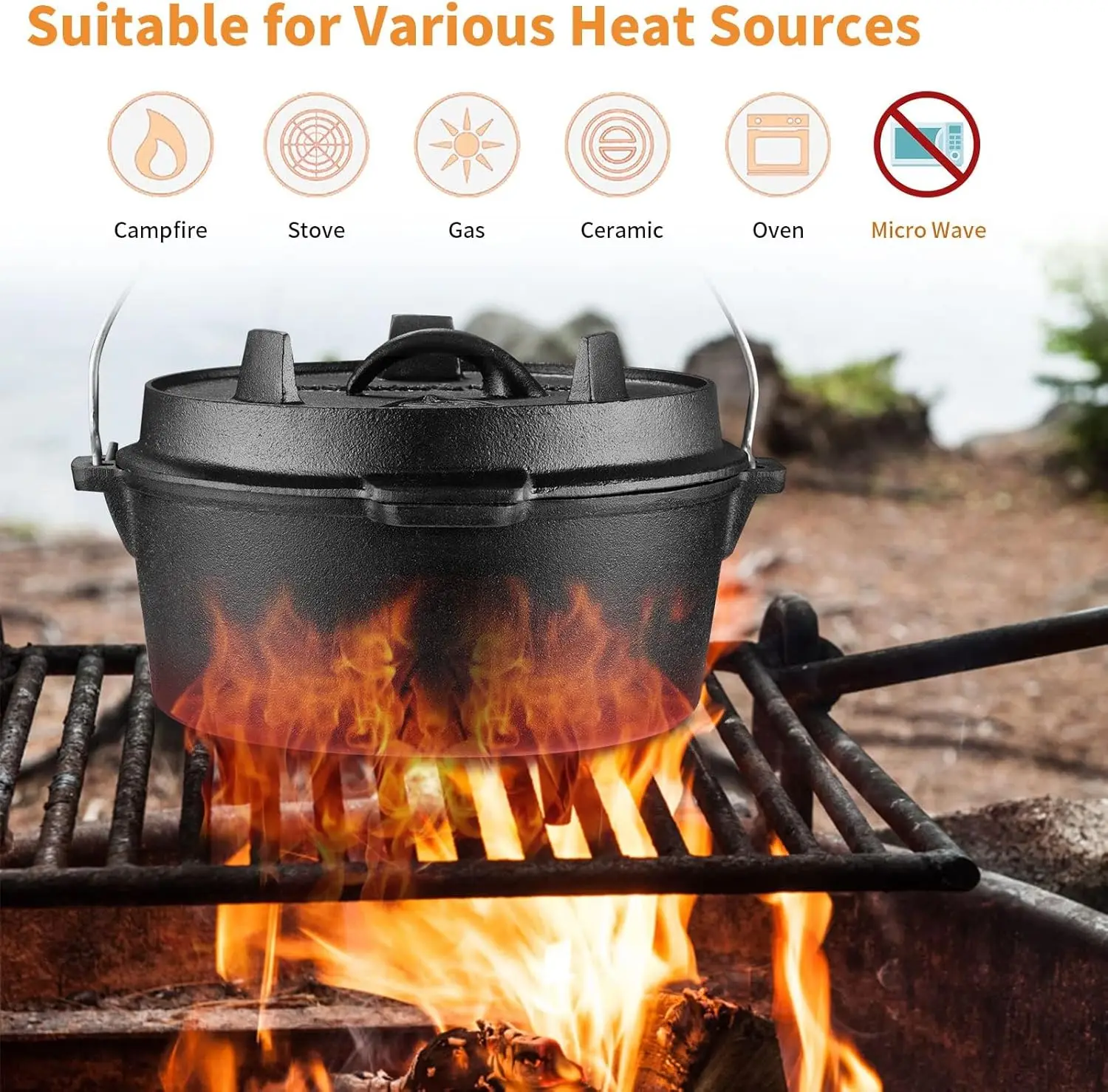 Camping Dutch Oven,12 Qt Pre-Seasoned Camping Cookware Pot with Lid-Lid Lifter, Cast Iron Dutch Oven with Metal Handle for Coo