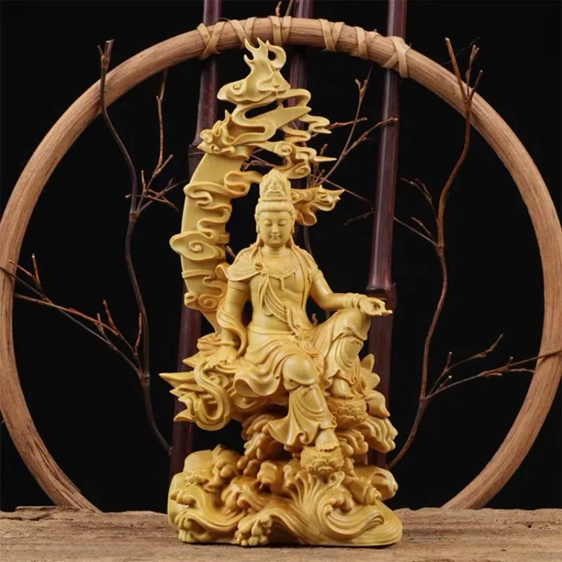 

Solid Wood Water Moon Guanyin Statue，Finely Carved Chinese Buddha Statues，Modern Art Sculpture，Home Decoration Feng Shui Guanyin