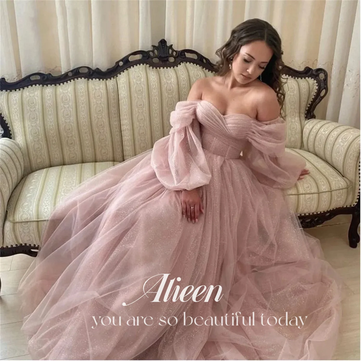 

Aileen Puffy Sleeve A-line Prom Dress 2024 Shiny Off Shoulder Vestidos De Noche Gliiter Puffy Pink فساتين مناسبة رسمية