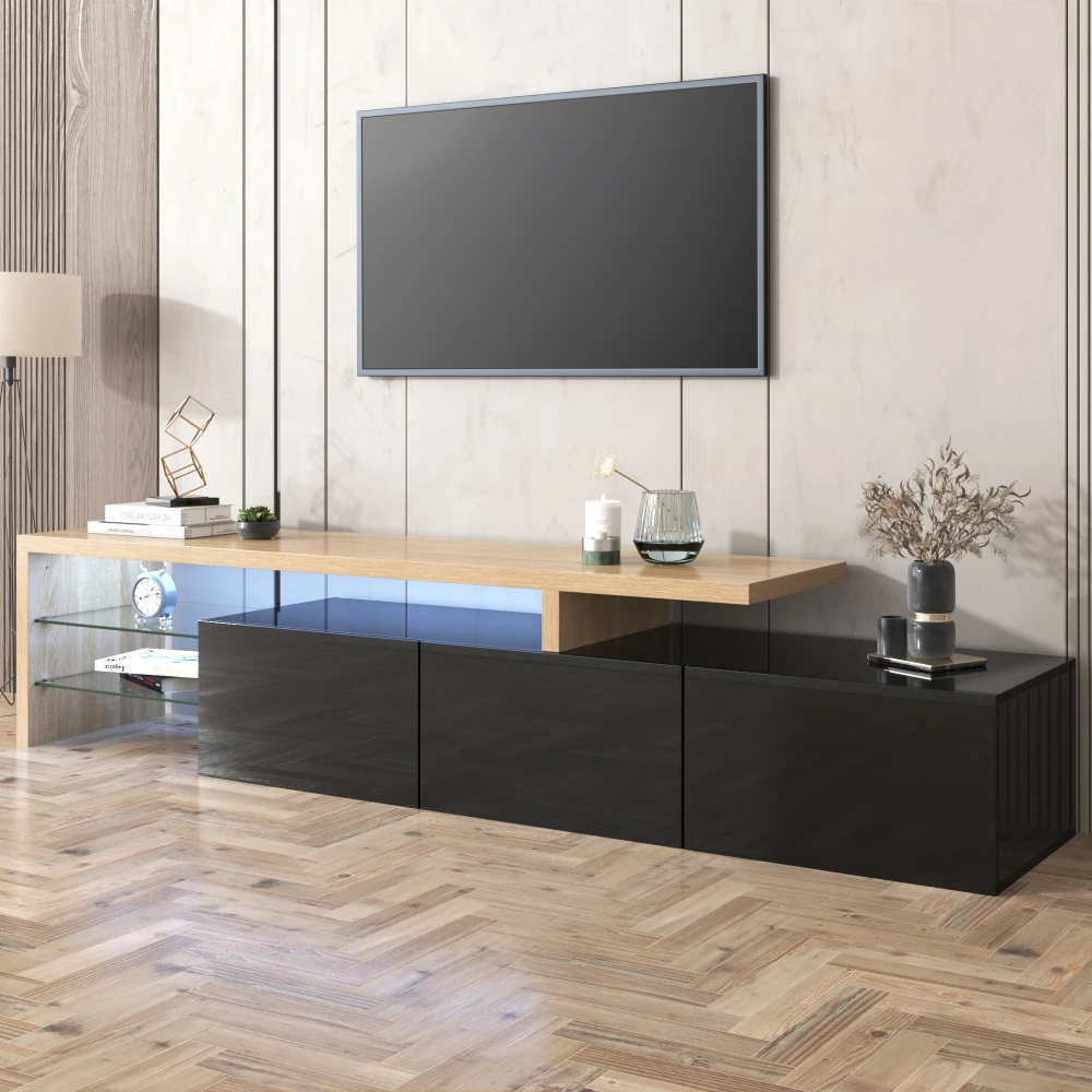Moderner Wohnzimmer-TV-Schrank, mit LED-Beleuchtung, Praktischer Stauraum, Hochglanz-Schwarz TV-Ständer, Holzoptik, Glasböden – Detail 5