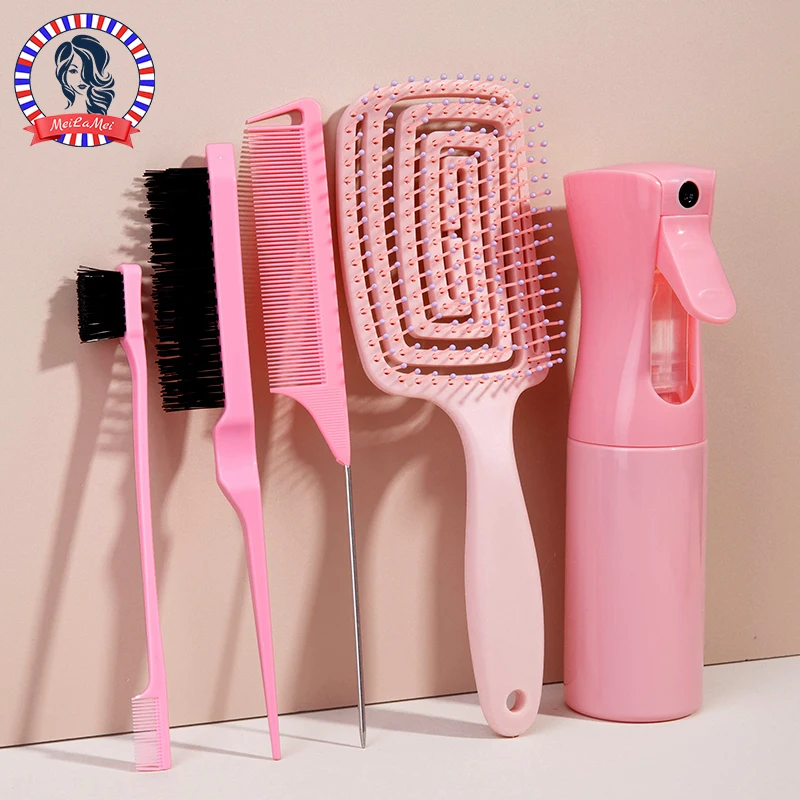 Comb Set 5pcs Relaxing Elastic Massage Comb Hollow Out Hair Brush Scalp Massage Combs Hair Styling Spray bottle Salon Tools