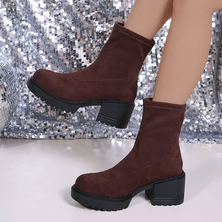 Women's Suede Platform Ankle Boots Round Toe Block Heel Casual_voghion.com