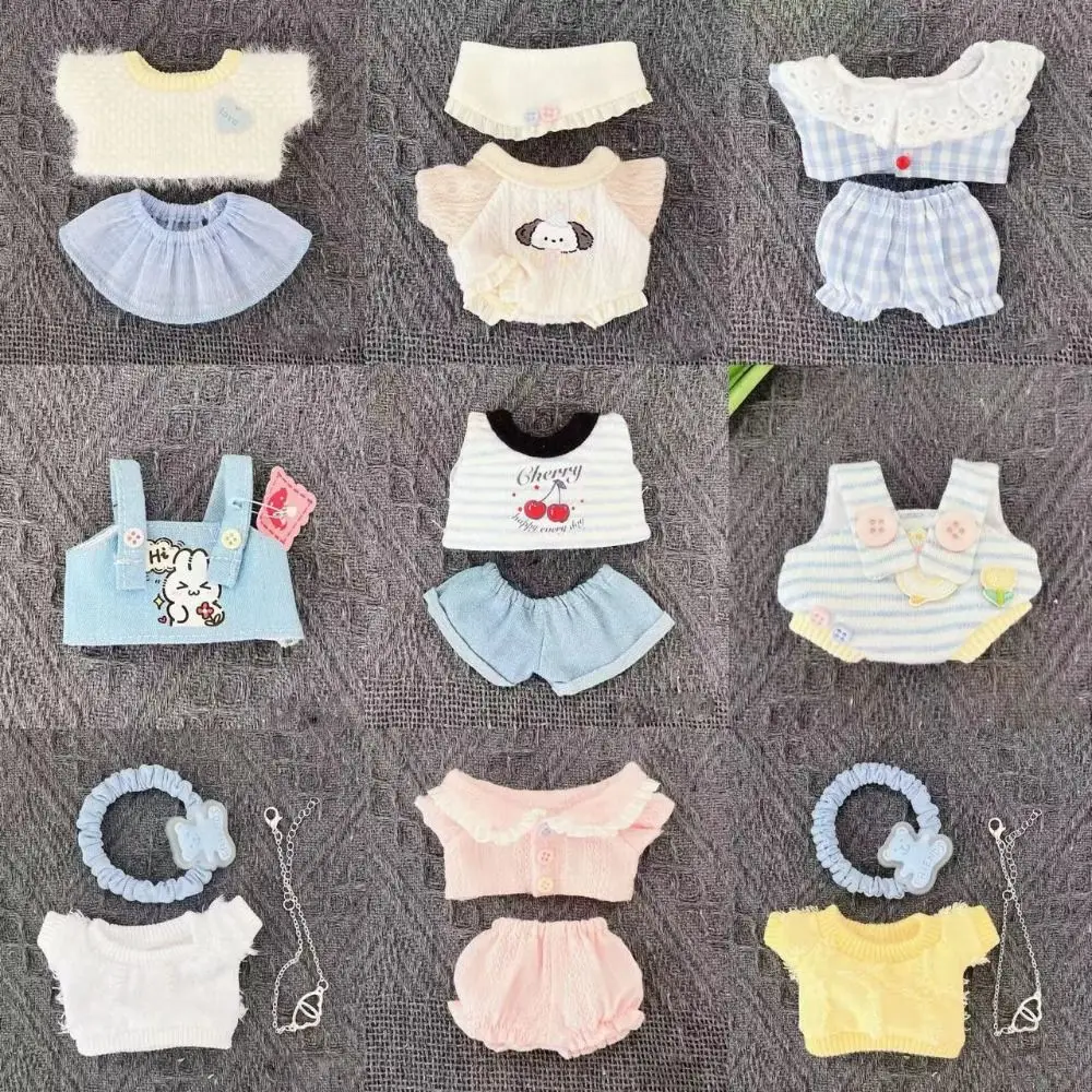 귀여운 인형 티셔츠 머리띠 하이 퀄리티, 만화 스타일 미니 옷, 만화 봉제 점프수트, 10cm 코튼 인형 