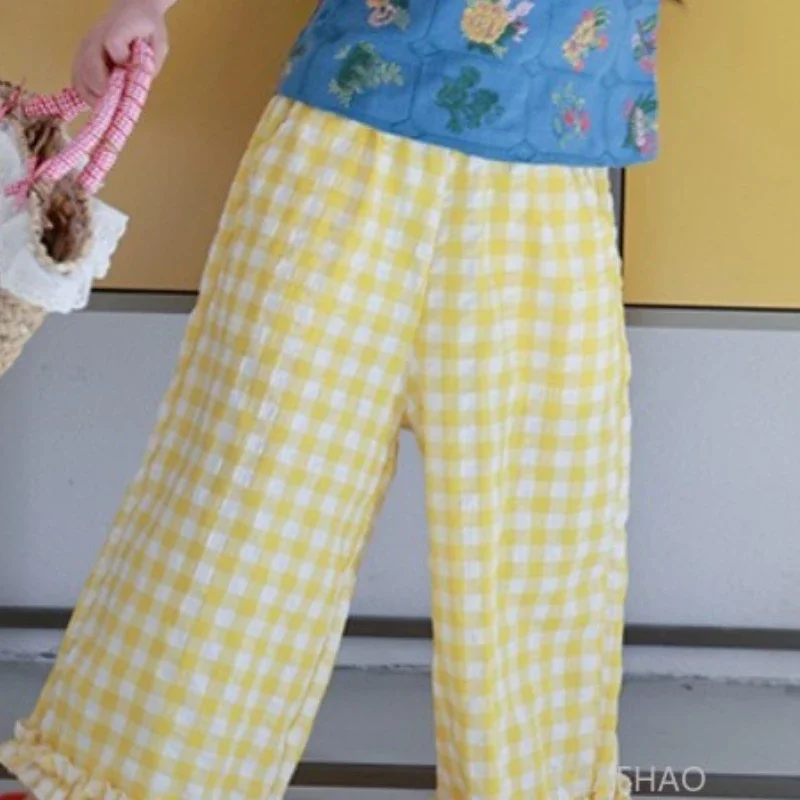 Ensembles assortis mère-fille, gilet brodé, pantalons à carreaux, vêtements d'été, ensembles pour maman, tenues de vacances élégantes pour la famille