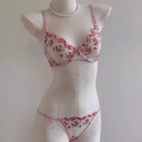 Ensemble de lingerie japonaise Kawaii en tulle transparent, soutien-gorge brodé floral rose, bralette et ensemble assorti BANERDANNI Tushy Bras 1