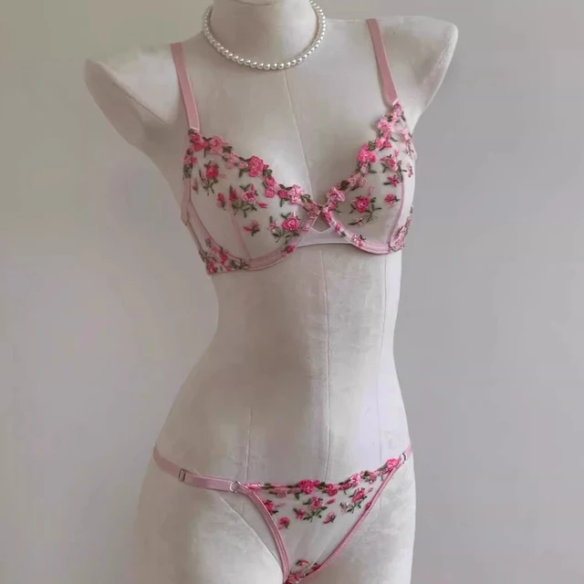 Ensemble de lingerie japonaise Kawaii en tulle transparent, soutien-gorge brodé floral rose, bralette et ensemble assorti BANERDANNI Tushy Bras 1