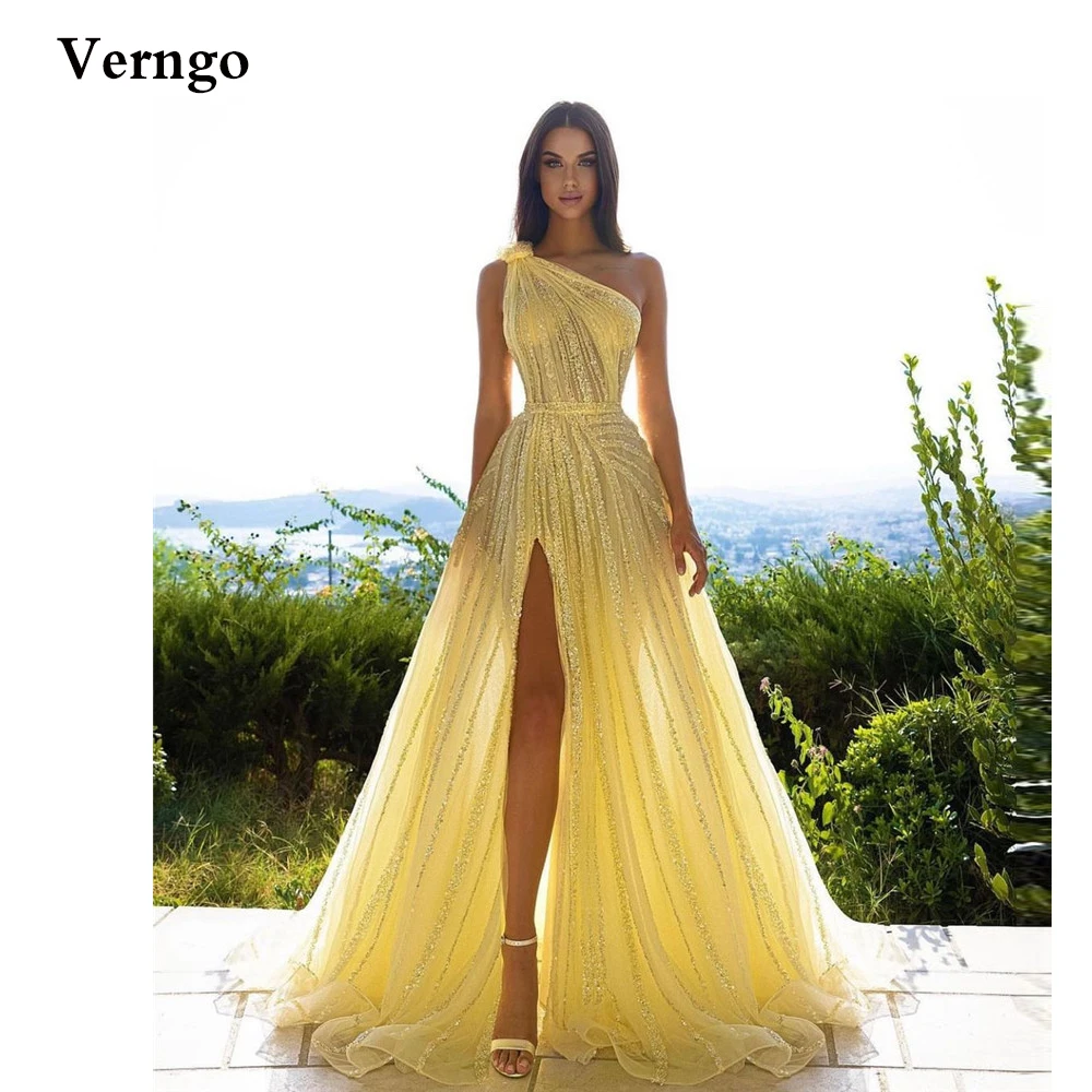

Verngo Shimmer Yellow One Shoulder Prom Dresses Side Slit Long Evening Gowns Women Party Robe de soiree Sexy Dubai Dress
