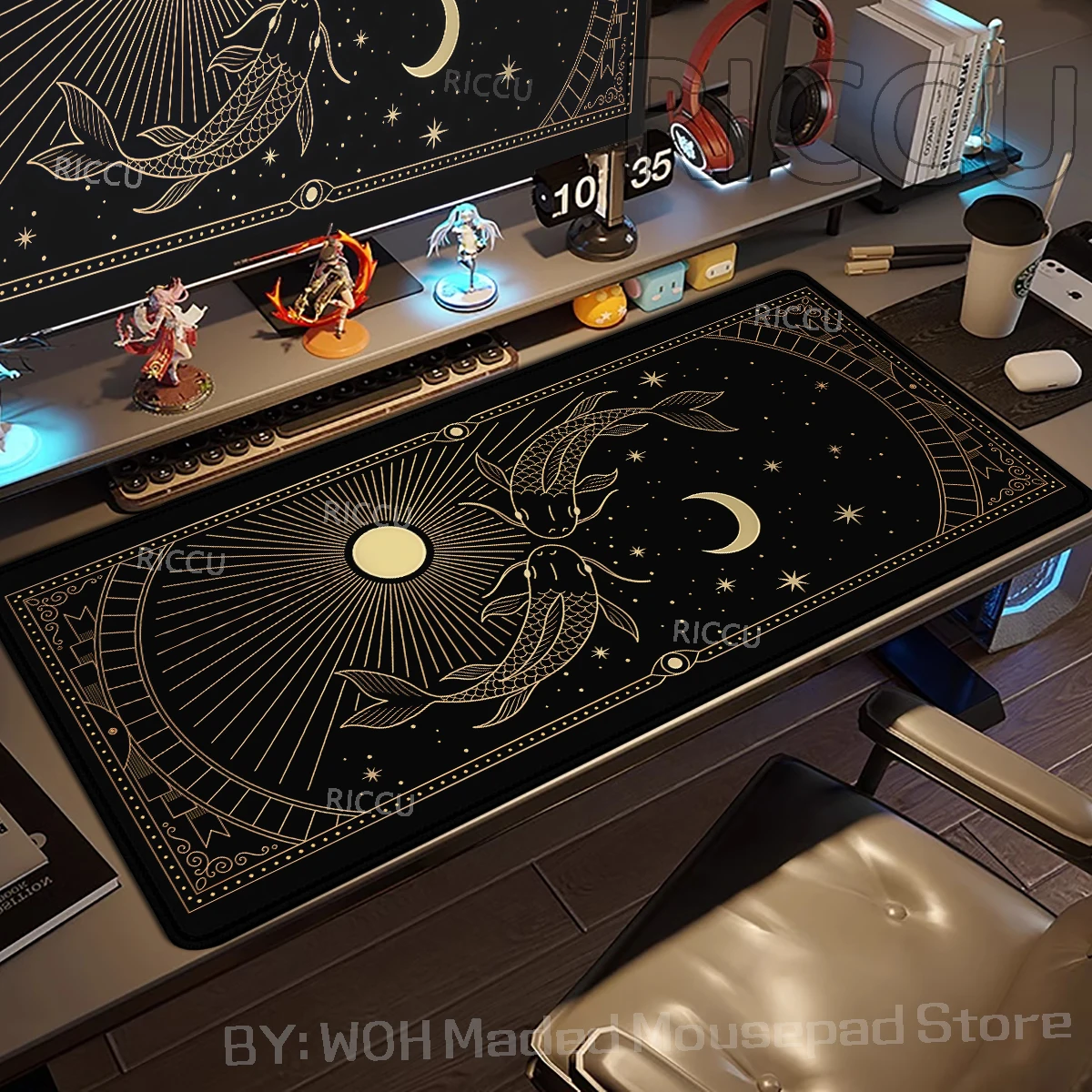 Koi Fish Schreibtischunterlage, Schwarz und Gold, Mauspad, Mond, Wolke, Sonnenaufgang, Ästhetik, großes XXL-Gaming-Schreibtischunterlage, Gummi-Mauspad, 900 x 400