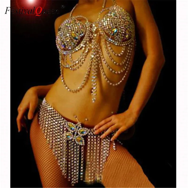 

FestivalQueen Sexy Diamond Bikini Sets for Women Crystal Tank Tops Tassel Skirt Body Chain Bra Suit Shiny Festivals Nightclub Cl