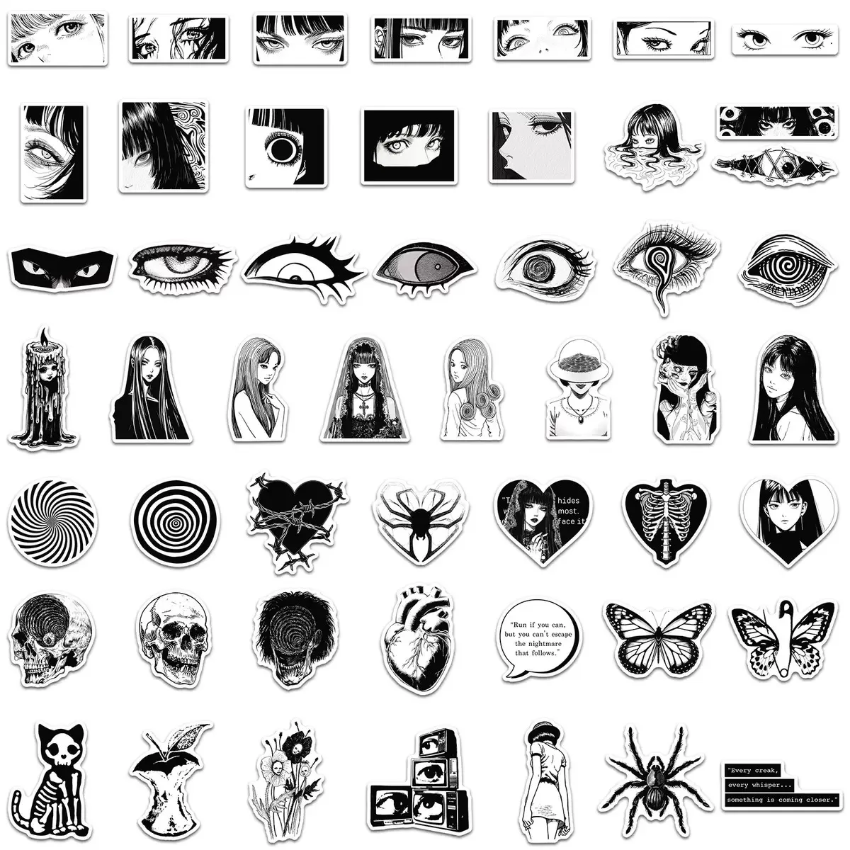 50PCS Ins 스타일 애니메이션 블랙 화이트 호러 소녀 스티커 미적 DIY 스크랩북 노트북 수하물 노트북 스케이트 보드 자동차 스티커