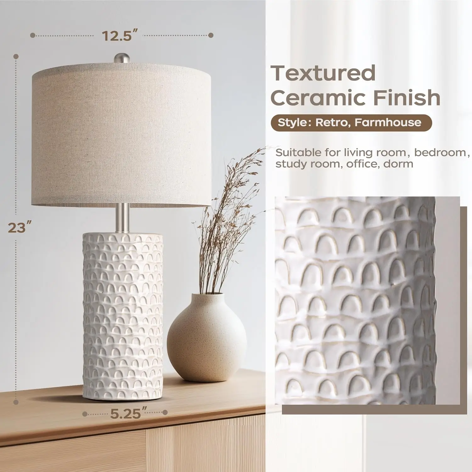 Beige ceramic bases with linen shade detail