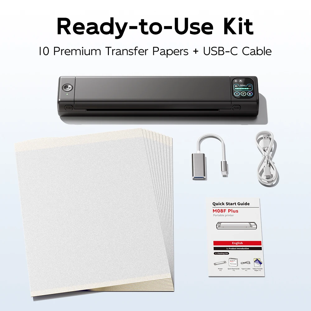 Stampante per stencil per tatuaggi Phomemo M08F Plus con touchscreen, macchina per stampante per tatuaggi Bluetooth con carta di trasferimento Premium da 10 pezzi