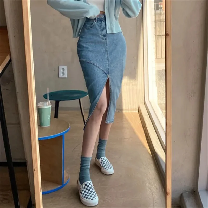 

Korean Fashion Jeans Midi Skirts Women High Waist Stretch Front Slit Denim Skirt Streetwear Faldas Mujer Moda 2022 New