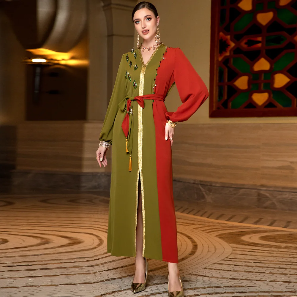 

Luxury Muslim Abaya Women Diamonds V-neck Maxi Dress Eid Mubarak Dubai Kaftan Morocco Evening Party Jalabiya Caftan Robe Vestido