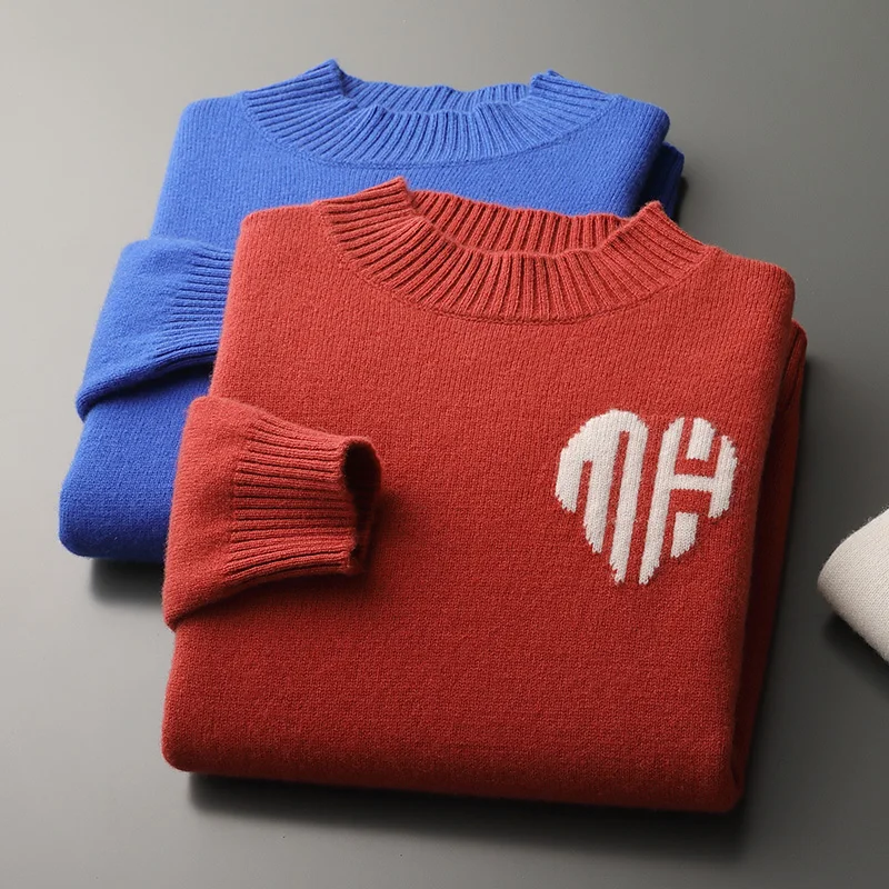 100% Wool Heart Jacquard Sweater Men's Semi-High Neck Joker Pullover Thickened Cashmere Loose Plus Size Knit Bottoming Shirt