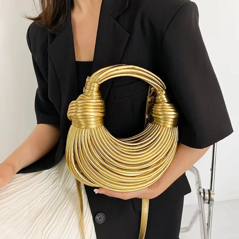 Womens leather handbag Handwoven Noodle Rope Knotted Pulled Hobo Evening Clutch