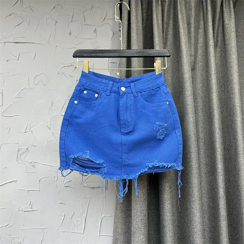 Blue High waisted Jean Skirt for Women Fashion Hole Tassel Mini Skirts ...