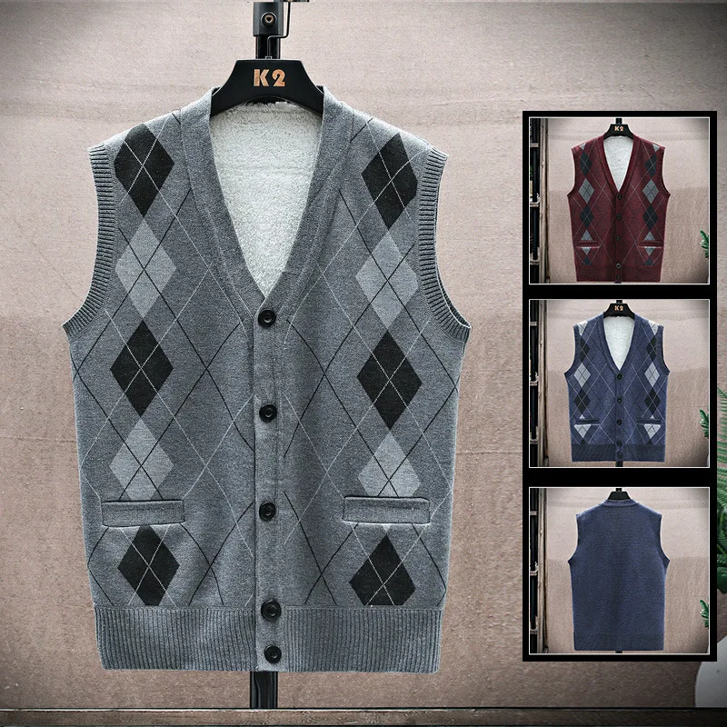

Autumn and winter men's sleeveless knitted sweaters for middle-aged and elderly men's warm vest casual plush and thickened sweat