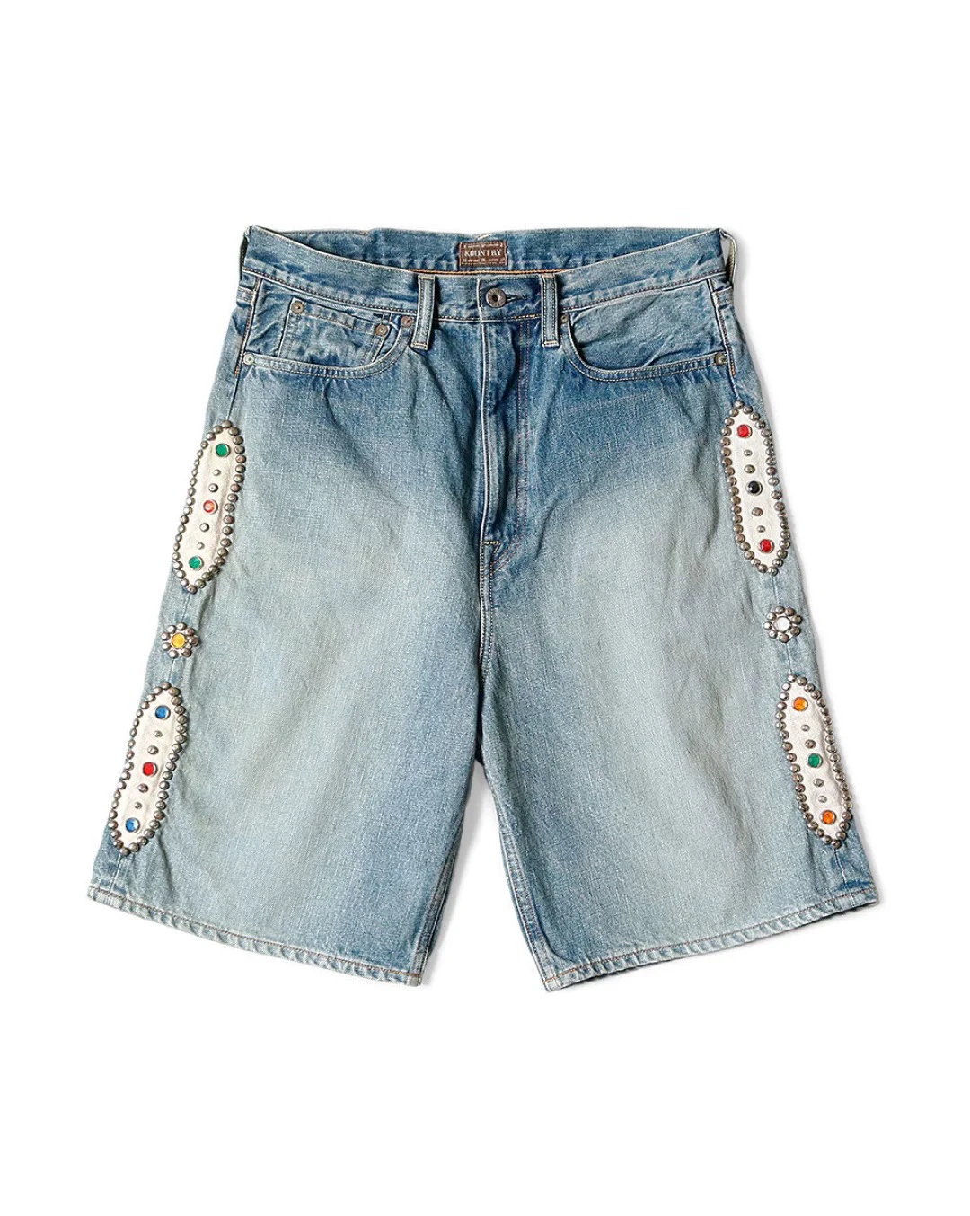 

22SS New KAPITAL Non Hirata Hohiro Beading Denim Men's Loose Relaxed Shorts Vintage Rivet Colored Diamond Gem Casual Jean