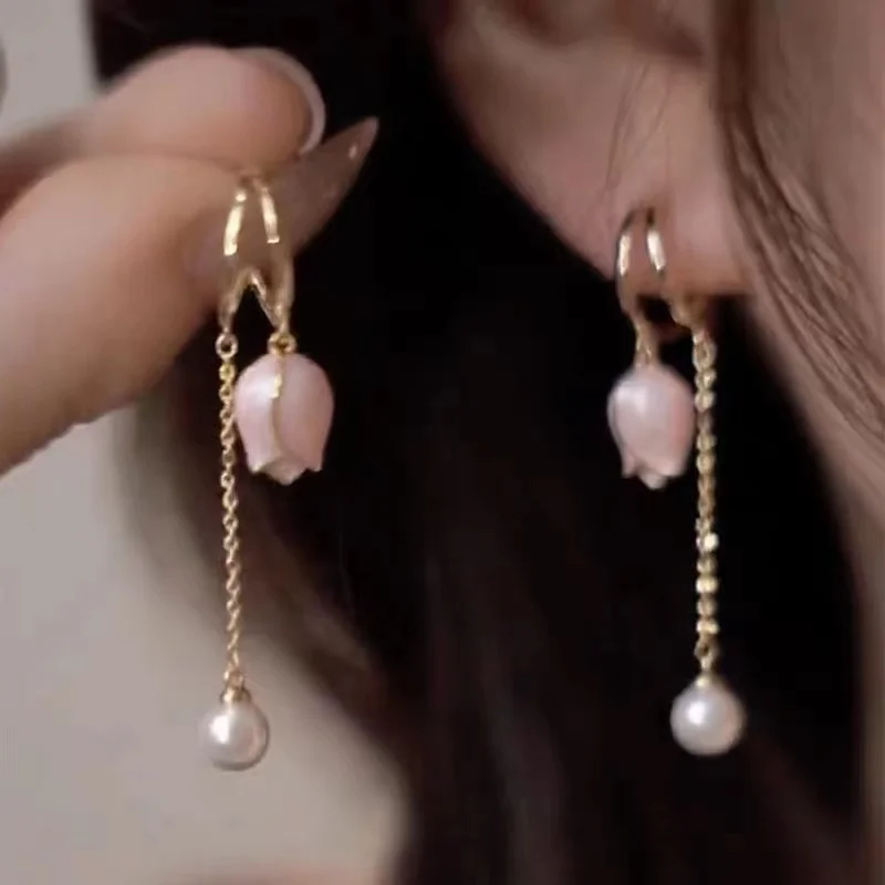 鈴蘭満開/チューリップロングPierce/earrings 2023 New Korean Elegant Irregular Pink Tulip Long Tassel