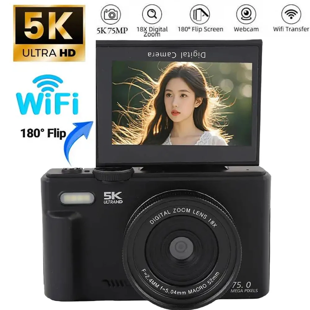 75-Megapixel-Digitalkamera mit 180°-Klappdisplay für 5K-Fotografie, 18-fachem Digitalzoom, Vintage-Vlog-Videorekorder für YouTube, Selfies und WLAN_voghion.com