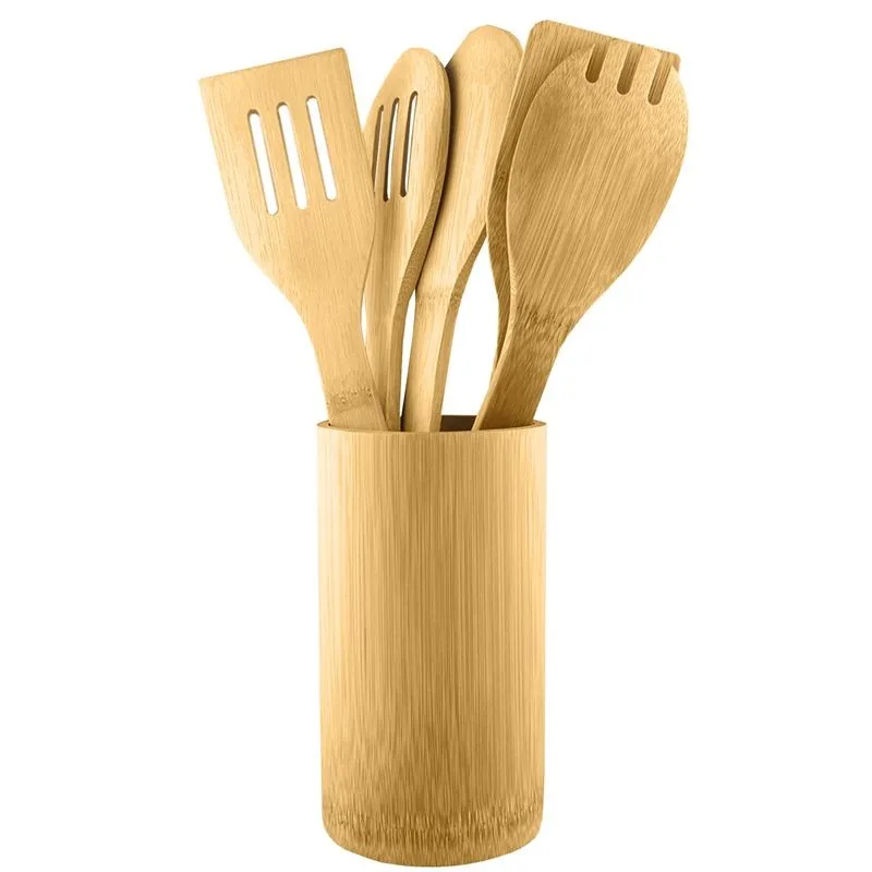 Eco-friendly Bamboo Kitchen Utensil Set Wooden Cooking Tools Non-stick Spatulas and Spoons with Holder for Cooking Baking