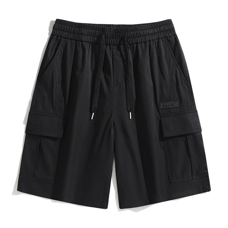 Fashion Elastic Spliced Pockets Straight Casual Shorts Men's Clothing 2024 Summer New Loose Solid Color High Waist Knee Shorts