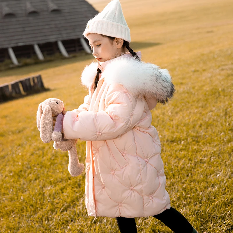 HSSCZL Girls duck down jackets embroidery long 2022new winter thicken girl coat outerwear overcoat hooded fur children&s clothes