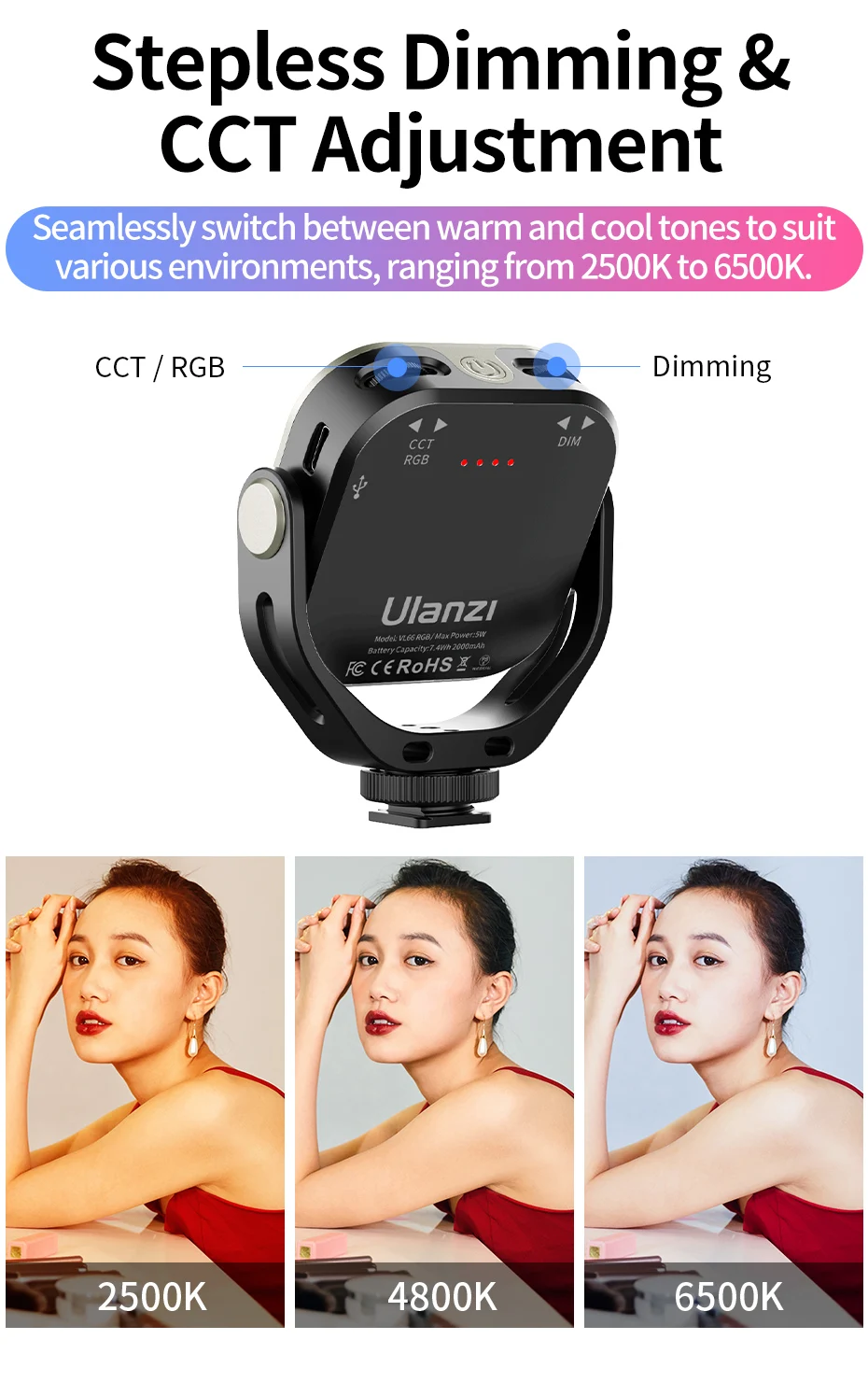 VL66 RGB Video Light 2500-6500K CCT 360° Rotatable 2000mAh Full Light with 1/4 S