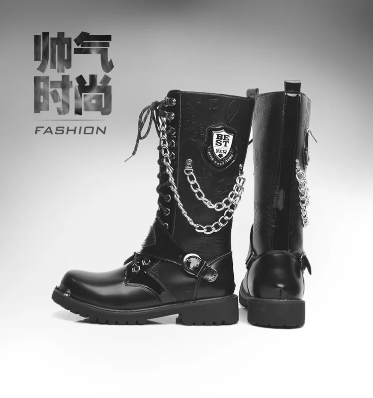 Men Fashion Motorcycle Boots Mid-calf Boots Gothic Belt Punk Men Shoes Hightop Casual Zapatos Hombre leather boots,mens leather boots,motorcycle leather boots