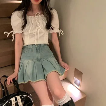 New Do Old Denim Skirt For Students Female Spring Summer New Large Size High Waist Slimming Chic Frilled A-Line Pleated Skirt