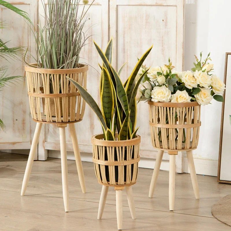 

Natural Rattan Woven Stand for Flowers Balcony Flower Holder Wooden Leg Bearing Plant Rack Versatile Scenes Indoor Gardening