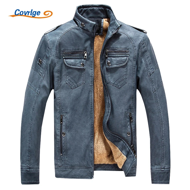 

Covrlge Men Fashion Leather Jackets Brand Slim PU Jacket Winter Coats Plus Velvet Thick Mens Outerwear Solid Stand Jacket MWP003