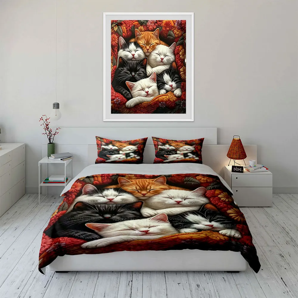 Cat Bedding Set Cartoon Duvet Cover Set Flowers Comfor Cover Bedroom Decor Guest Room 3pcs(1 Duvet Cover + 2 Pillow) 6